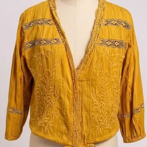 Free People Follow Your Heart embroidered mustard lace crop top M